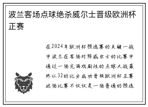 波兰客场点球绝杀威尔士晋级欧洲杯正赛